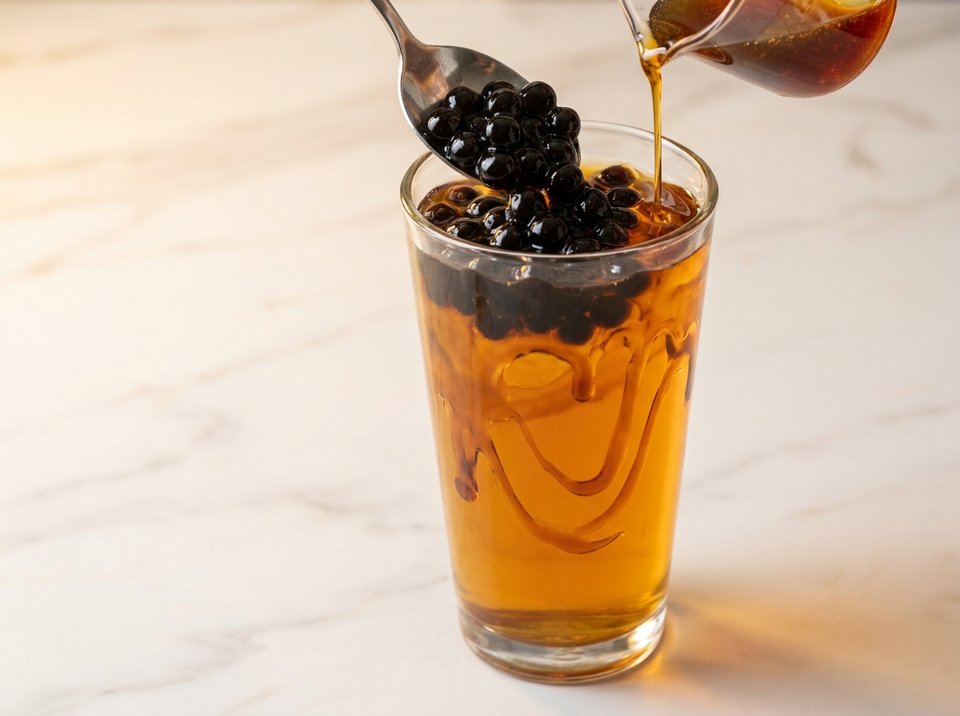 Step 5: Assemble the Brown Sugar Syrup and Pearls in the Glass