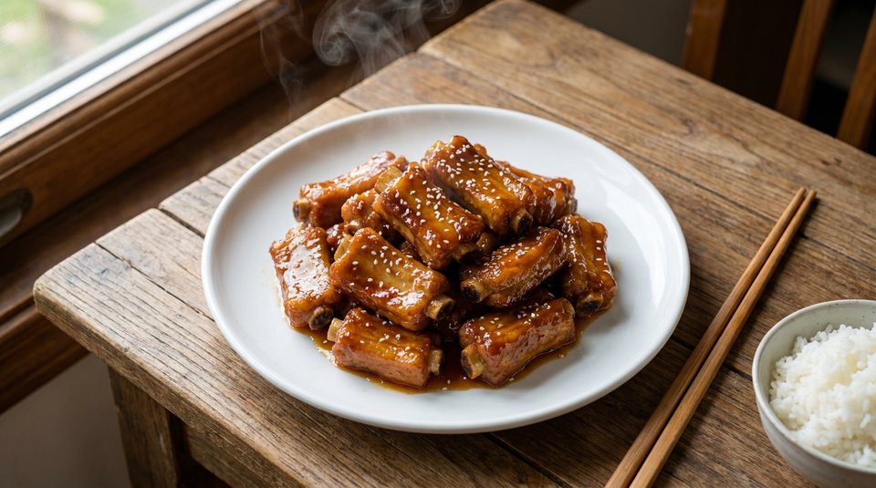 Golden ribs coated in a glossy sweet-sour glaze